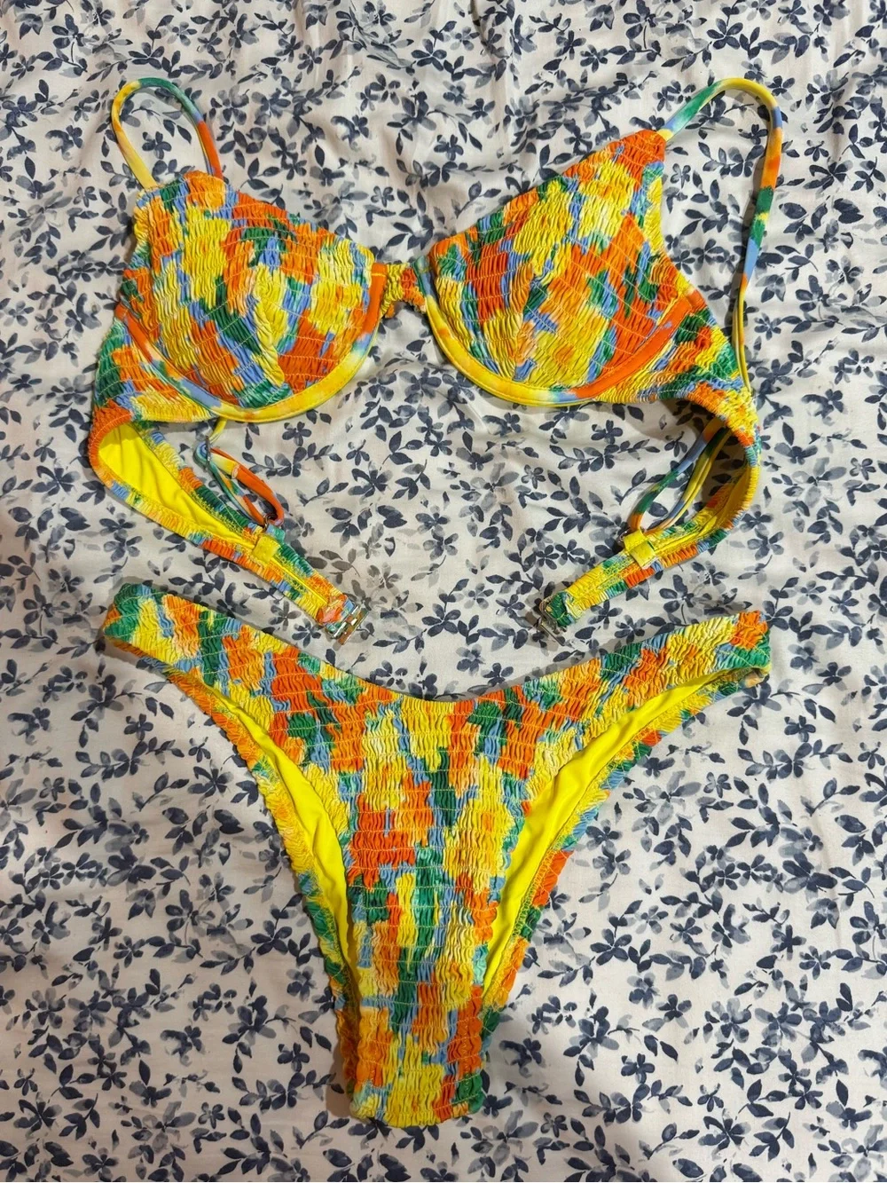 Yellow Multi-Color Smocked Bikini Set - Women’s Two-Piece Swimwear